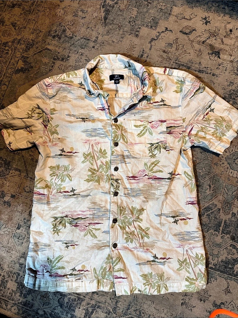 George Floral Casual Button Down in Cream & Pink Size Medium